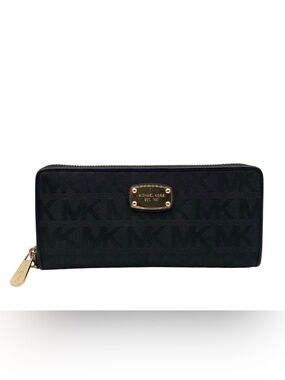 Michael Kors Black Signature MK Zip Wallet with Gold Plaque